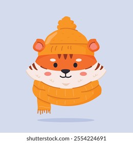 tiger cute wearing christmas hat and scarf, cute christmas icon in animal shape, suitable for poster and web icon