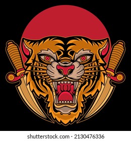 tiger and dagger flash tattoo, vector EPS 10