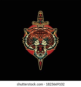 tiger and dagger tattoo vector design