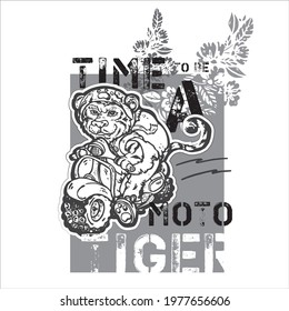 tiger deliveryman on moped vector. Symbol of the year 2022. Floral elements. Print on a T-shirt