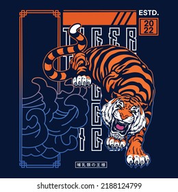 Diseño de tigres con estilo japonés y afiche de tigre ilustrativo. Traducción de subtítulos japoneses: rey de mamífero