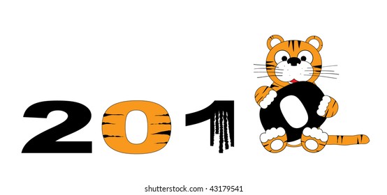 Tiger with digits 2010. Isolated on white.