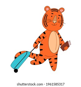 a tiger with documents and a suitcase went on a trip, a cute animal.