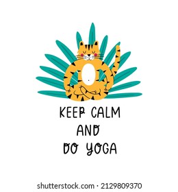 Tiger doing yoga illustration with jungle leaf and lettering