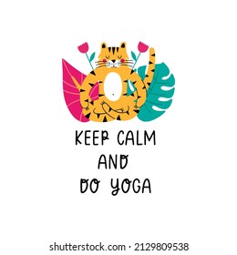 Tiger doing yoga illustration with jungle leaves and lettering