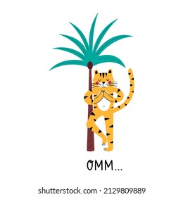 Tiger doing yoga illustration with palm tree and lettering