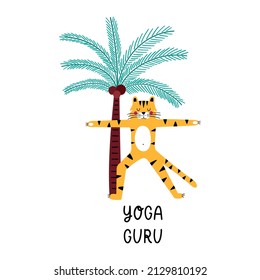 Tiger doing yoga illustration with palm tree and lettering