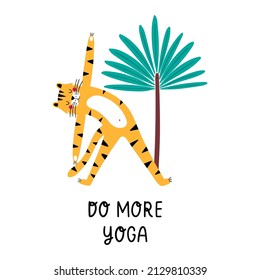 Tiger doing yoga illustration with palm tree and lettering