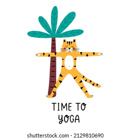 Tiger doing yoga illustration with palm tree and lettering