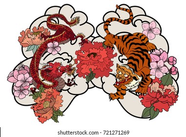 Tiger and dragon fighting tattoo.Japanese style Dragon with tiger and peony flower on cloud tattoo.Traditional Japanese culture for printing and coloring book on background.