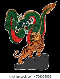 Tiger and Dragon fighting vector.Japanese Dragon and tiger tattoo.Traditional Japanese culture for printing on background.