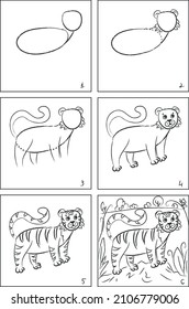 Instrucción para dibujar tigres y libro de coloración