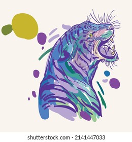 Tigre dibujado en manchas y estilo impresionista para camisetas y puzzles