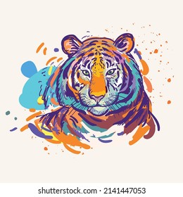 Tiger drawn in stains and impressionistic style for T-shirts and puzzles