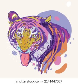 Tiger drawn in stains and impressionistic style for T-shirts and puzzles