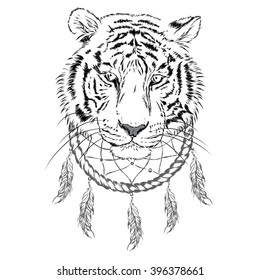 Tiger and Dreamcatcher. Vector illustration.