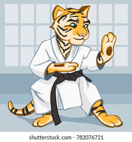 Tiger is dressed in a kimono is engaged in karate