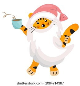 Tiger dressed as santa claus with a cup of coffee. A tiger cub with a long beard drinks coffee or tea. Cute funny cartoon character of year 2022. Vector isolated smiling mascot in christmas clothes