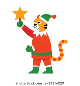 Un tigre vestido como Santa colocando suavemente un adorno festivo del árbol, agregando magia a una alegre escena de Navidades.