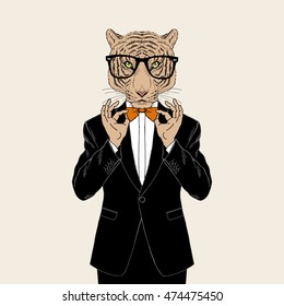 tiger dressed up in tuxedo adjusting his bow tie, anthropomorphic illustration, fashion animals