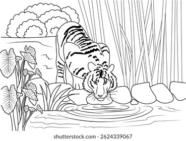 Tiger Drinking Water Black and White Illustration, A black and white line drawing illustration of a tiger bending down to drink water from a river or pond in a natural environment. The scene