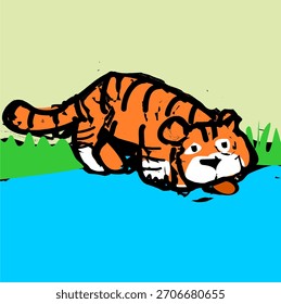 Tigre bebiendo agua del Vector de dibujos animados del río