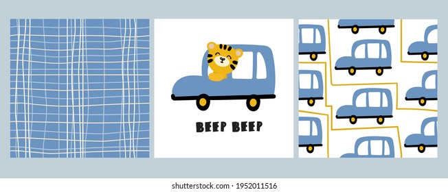 Tiger driving a car. A set of cute baby prints for boys. Seamless pattern cage stripes and cars