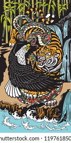 tiger eagle and snake fighting. Wild symbolic animals in a landscape. Graphic style vector illustration 