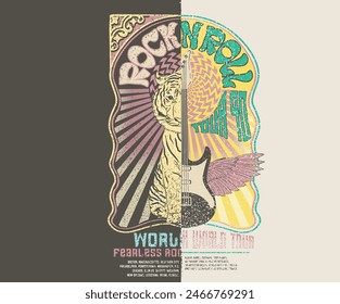 Tiger with eagle wing vintage artwork for apparel, stickers, posters, background and others.  Rock star vintage artwork. Eagle music poster design. Rock world tour artwork. 