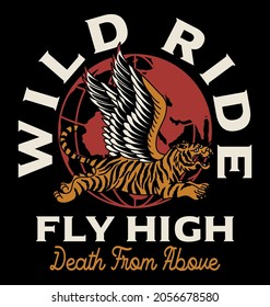 Tiger with Eagle Wings Illustration with A Slogan Artwork on Black Background for Apparel or Other Uses