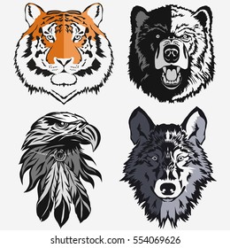 Tiger Eagle Wolf Bear logo Template, Hawk Grizzly Coyote Mascot head, wild animal portrait, bolt emblem, predator face silhouette, Hand drawn Emblem t-shirt design. Vector