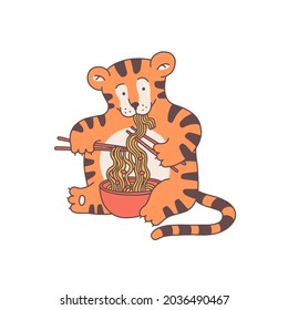 Tiger eats noodles with chinese chopsticks cartoon outline red cute character. Vector isolated illustration.