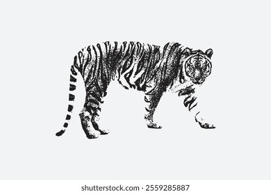 tiger with the effect of halftone stippling, or grunge punk collage design, Vector illustration in grainy photocopy texture
