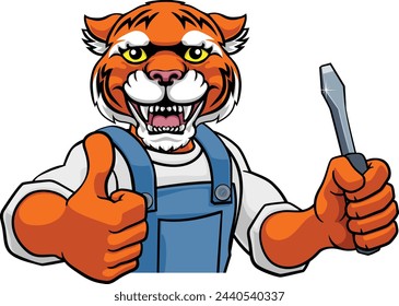 A tiger electrician, handyman or mechanic holding a screwdriver and peeking round a sign giving a thumbs up
