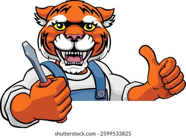 A tiger electrician, handyman or mechanic holding a screwdriver and peeking round a sign giving a thumbs up