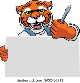 A tiger electrician handyman or other construction cartoon mascot man holding a screwdriver tool.