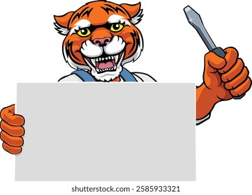 A tiger electrician handyman or other construction cartoon mascot man holding a screwdriver tool.