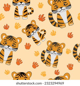 Patrón de elementos tigres vector sin soldadura sobre fondo naranja , fondo de pantalla animal sin soldadura