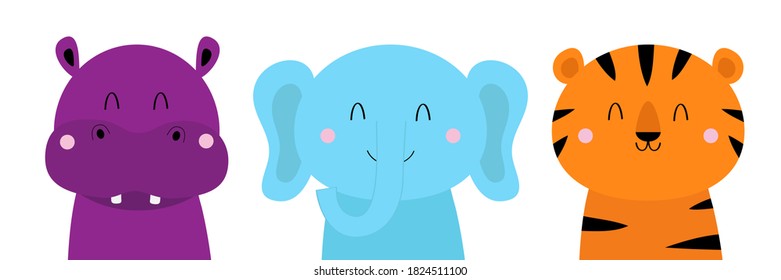 Tiger elephant, hippopotamus. Cute animal icon set. Hippo, river-horse, Kawaii cartoon character. Funny head face. Notebook cover tshirt. Baby greeting card print. White background. Flat design Vector