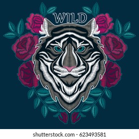 Tiger embroidery design. Embroidery for Fashion. Vector trendy illustration.