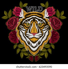 Tiger embroidery design. Embroidery for Fashion. Vector trendy illustration.