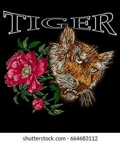 Tiger embroidery design. Vector for t shirt or printing. Bomber jacket embroidery