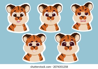 
Tiger emoji set. Collection of cute animal objects with tiger. Illustration for badge, sticker, for printing.