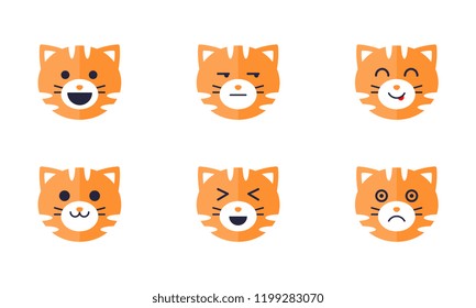 Tiger emoticons set, cute tiger face emoji with various emotions vector Illustration on a white background