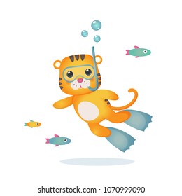 Tiger is engaged in diving. Vector stock illustration. Children's drawing in cartoon style. Lovely funny image. It can be used for design of a notebook, cover, book, educational activities, journal