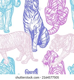 Tiger engraved seamless pattern on white background. Vintage wild animals in hand drawn style. Sketch asian tiger purple color. Vector repeated texture for print, fabric, wrapping, wallpaper, tissue.