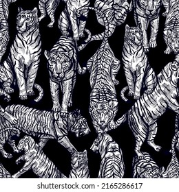 Tiger engraved seamless pattern on black background. Vintage wild animals in hand drawn style. Sketch asian monochrome tiger. Vector repeated texture for print, fabric, wrapping, wallpaper, tissue.