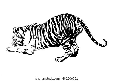 Tiger are enjoying eating, Tiger black and white color and silhouette, illustration design.