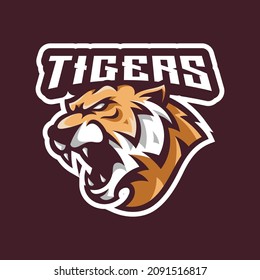 Diseño del logo de la mascota para juegos de tigres. Icono vectorial de la insignia de la cabeza del tigre furioso