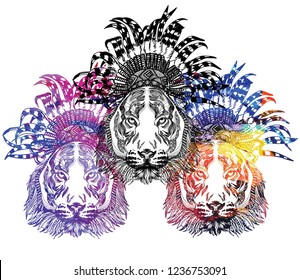 Tiger with an ethnic headdress. Tiger in a rouche. Freehand drawing, stylish print, ethnic print.